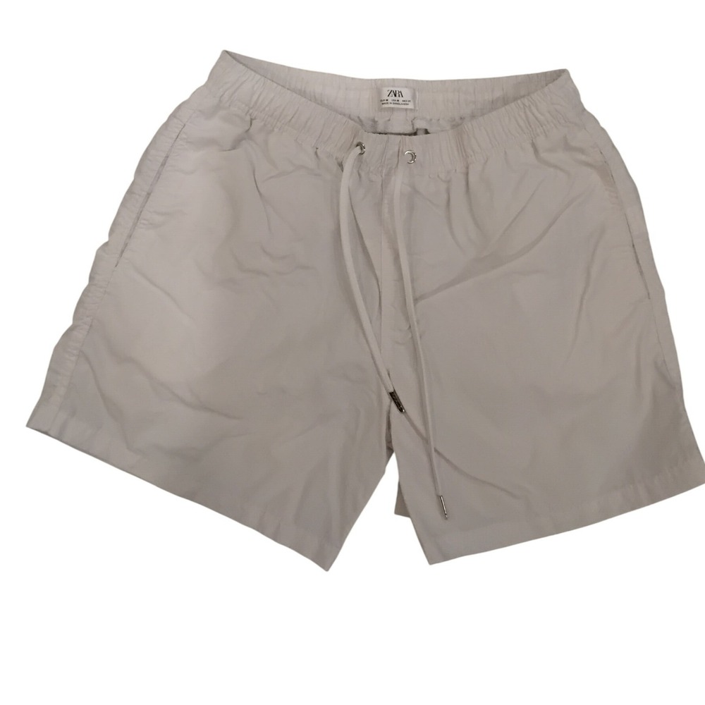 Zara White Nylon Drawstring Shorts Womens Medium Elastic Waist Casual Summer